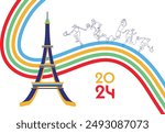 Olympics 2024 theme Eiffel Tower combined with various kinds of sports and the Olympic ribbon Vector Eps