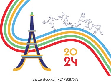 La Torre Eiffel, tema de las Olimpiadas 2024, combinada con varios tipos de deportes y la cinta olímpica Vector Eps