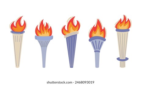 Olympics 2024. Vector set of olympic torches with burning. Symbols of relay race, competition victory, champion or winner in flat cartoon style. 