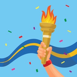 Olympics Games Torch, Flame. A Hand With Ribbons Holds The Torch On A Blue Background
