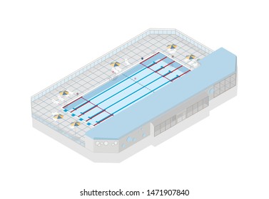 Olympic-size swimming pool for international competition isolated on white background. Building or structure for sports tournament or championship. Modern colorful isometric vector illustration.