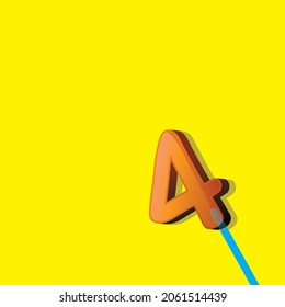 Olympus in Figure 4.  Sweet candy on a wooden stick.  orange number 4 isolated on yellow background birthday party festive gifts preschool children , school eps10 