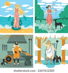 Olympus gods 2x2 design concept set of four square icons with greece mythology characters vector illustration