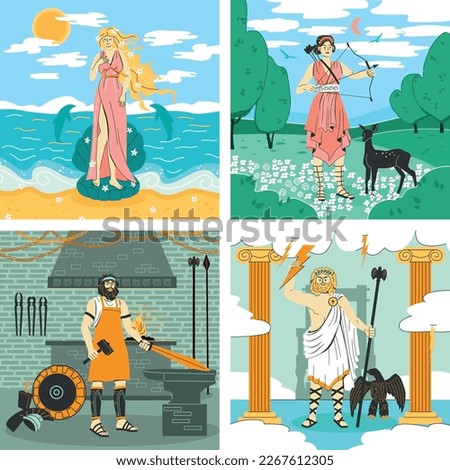 Olympus gods 2x2 design concept set of four square icons with greece mythology characters vector illustration