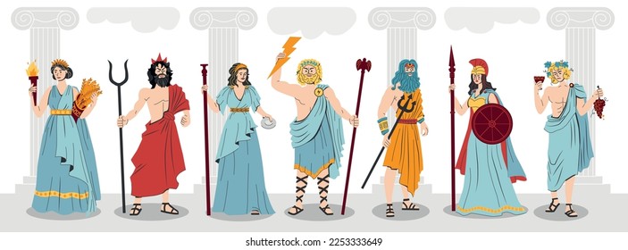 Composición de color plano de dioses Olympus con personajes de mitología grecia en el fondo de columnas antiguas ilustración vectorial