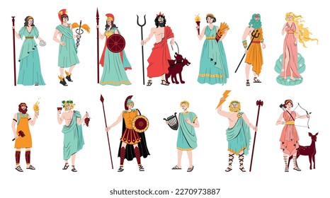 Olympus gods flat color set of hermes athena demeter dionysius artemis poseidon ares persons isolated vector illustration