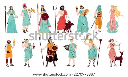 Olympus gods flat color set of hermes athena demeter dionysius artemis poseidon ares persons isolated vector illustration