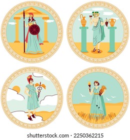 Olympus gods four round colored emblems with hermes athena demeter dionysius persons flat isolated vector illustration