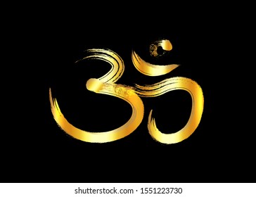 Om, Aum gold brush symbol, grunge style. Om ink icon Chinese Calligraphy. Samsara golden logo design. Vector isolated on black background 