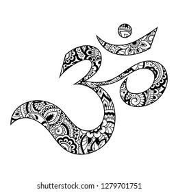 Om or Aum Indian sacred sound. The symbol of the divine triad of Brahma, Vishnu and Shiva. The sign of the ancient mantra in mehndi flower style.