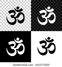 Om or Aum Indian sacred sound icon on black, white and transparent background. Symbol of Buddhism and Hinduism religion. The symbol of the divine triad of Brahma, Vishnu and Shiva. Vector Illustration
