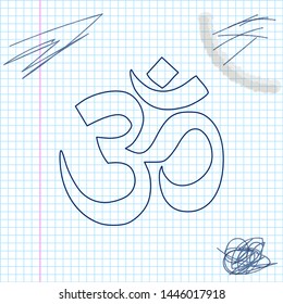 Om or Aum Indian sacred sound line sketch icon isolated on white background. Symbol of Buddhism and Hinduism religions. The symbol of the divine triad of Brahma, Vishnu and Shiva. Vector Illustration