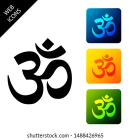 Om or Aum Indian sacred sound icon. Symbol of Buddhism and Hinduism religions. The symbol of the divine triad of Brahma, Vishnu and Shiva. Set icons colorful square buttons. Vector Illustration