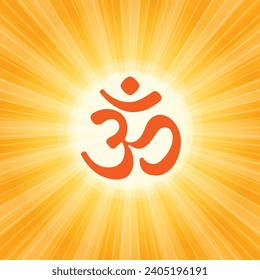 Om or Aum Indian sacred sound. The symbol of the divine triad of Brahma, Vishnu and Shiva. The sign of the ancient mantra. Om symbol sign on white background. Sun Sunburst Pattern.