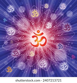 Om or Aum Indian sacred sound. The symbol of the divine triad of Brahma, Vishnu and Shiva. The sign of the ancient mantra. Om sign in shiny galactic space. Sun. Sunburst Pattern. Vector illustration