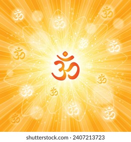 Om or Aum Indian sacred sound. The symbol of the divine triad of Brahma, Vishnu and Shiva. The sign of the ancient mantra. Om sign in shiny galactic space. Sun. Sunburst Pattern. Vector illustration