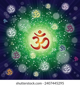 Om or Aum Indian sacred sound. The symbol of the divine triad of Brahma, Vishnu and Shiva. The sign of the ancient mantra. Om sign in shiny galactic space. Sun. Sunburst Pattern. Vector illustration