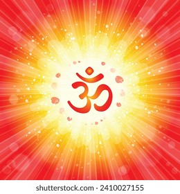 Om or Aum Indian sacred sound. The symbol of the divine triad of Brahma, Vishnu and Shiva. The sign of the ancient mantra. Om sign in shiny galactic space. Sun. Sunburst Pattern. Vector illustration