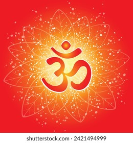 Om or Aum Indian sacred sound. The symbol of the divine triad of Brahma, Vishnu and Shiva. The sign of the ancient mantra. Om sign in shiny galactic space. Sun. Sunburst Pattern. Vector illustration