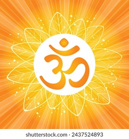 Om or Aum Indian sacred sound. The symbol of the divine triad of Brahma, Vishnu and Shiva. The sign of the ancient mantra. Om symbol sign on white background. Sun Sunburst Pattern.