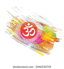 Om or Aum Indian sacred sound. The symbol of the divine triad of Brahma, Vishnu and Shiva. The sign of the ancient mantra. Om symbol sign on white background. Sun Sunburst Pattern.