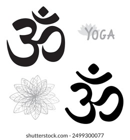 Om or Aum Indian sacred sound. The symbol of the divine triad of Brahma, Vishnu and Shiva. The sign of the ancient mantra. Om symbol sign on white background. Sun Sunburst Pattern.