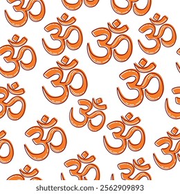 Om or Aum Indian sacred sound. Seamless pattern. The symbol of the divine triad of Brahma, Vishnu and Shiva. The sign of the ancient mantra. Om symbol sign on white background. 