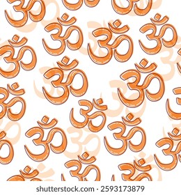 Om or Aum Indian sacred sound. Seamless pattern. The symbol of the divine triad of Brahma, Vishnu and Shiva. The sign of the ancient mantra. Om symbol sign on white background. 