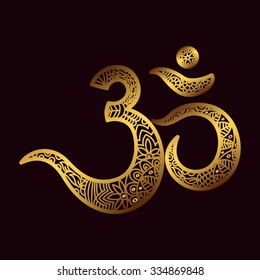 Om or Aum Indian sacred sound, original mantra, a word of power. The symbol of the divine triad of Brahma, Vishnu and Shiva. The rich round mandala. For prints, textiles, mehendi.