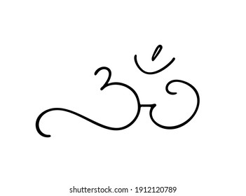 Om, Aum. Single element. The original mantra. Spiritual symbol in Indian religion. Hand-drawn. Doodle, lettering, calligraphy, icon. Vector illustration for design, prints. On white background.