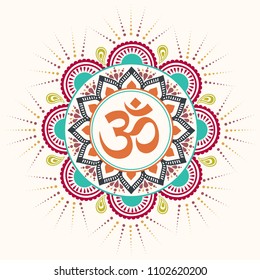 Om Aum symbol inside colorful flourish elements circle vector illustration.