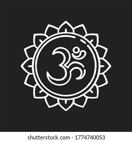 Om chalk white icon on black background. Aum visual representation. Sacred syllable. Sound of universe. Spiritual symbol in Hinduism. Indian religion. Divine energy. Isolated vector chalkboard
