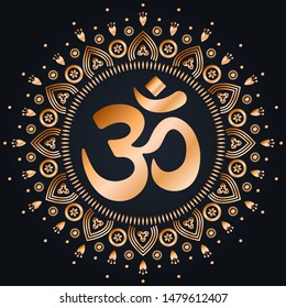 OM golden mandala. Decorative ornament in oriental style with ancient Hindu mantra on black background