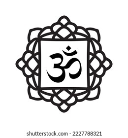 Om Hindu Indian religious Symbol with square Mandala Black Vector with White Background Printable Can be used for Poster, Banner, Sticker, wall of Temple, House etc.  