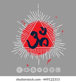 Om. Hindu lucky symbol and the seven main spiritual dots isolated on abstract background. Vector pyramid symbol / logo / label / tattoo