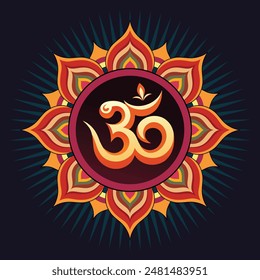 Om Hindu Symbol with Mandala Color With Dark Background Printable Can be used for Poster, Banner, Sticker, wall of Temple, House etc.