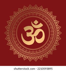 Om Hindu Symbol with Mandala Golden Color With Maroon Background Printable Can be used for Poster, Banner, Sticker, wall of Temple, House etc. 