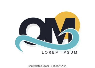 OM letter logo with ocean waves and sunset. Beach concept design
