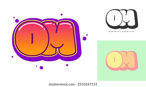 OM logo design for festival or party. Initial letter o and m in graffiti style. Creative modern lettering company name of font typography. Kids trendy logotype or identity. Vector illustration.