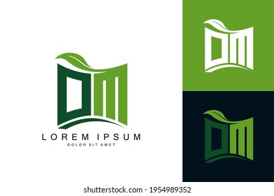 OM logo monogram with green leaf nature organic bio curved shape premium vector design template