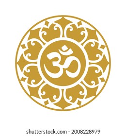 Om mandala, el oro es un símbolo del hinduismo. Icono espiritual de ornamento.