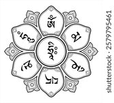 OM MANI PADME HUM mantra illustration. The Mani mantra. Tibetan Buddhist mandala