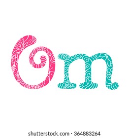 Om mantra lettering with floral pattern on white background. Yoga and meditation studio emblem.