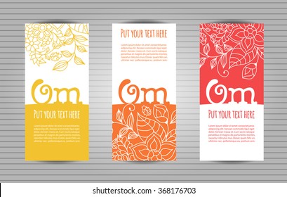 Om mantra lettering with floral pattern. Yoga and meditation studio long flyer or trifold templates set 