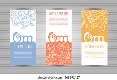 Om mantra lettering with floral pattern. Yoga and meditation studio long flyer or trifold templates set 