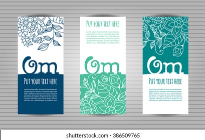 Om mantra lettering with floral pattern. Yoga and meditation studio long flyer or trifold templates set .