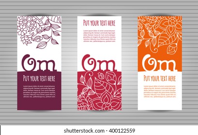 Om mantra lettering with floral pattern. Yoga and meditation studio long flyer or trifold templates set .