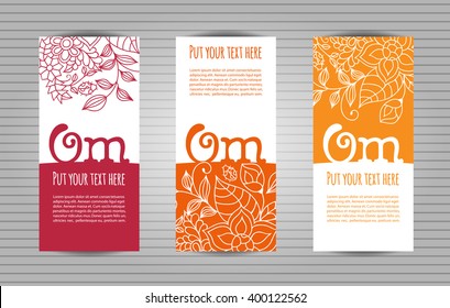 Om mantra lettering with floral pattern. Yoga and meditation studio long flyer or trifold templates set .