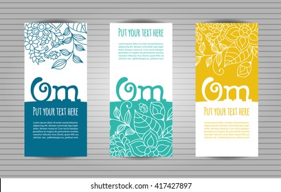 Om mantra lettering with floral pattern. Yoga and meditation studio long flyer or trifold templates set .