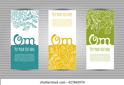 Om mantra lettering with floral pattern. Yoga and meditation studio long flyer or trifold templates set .